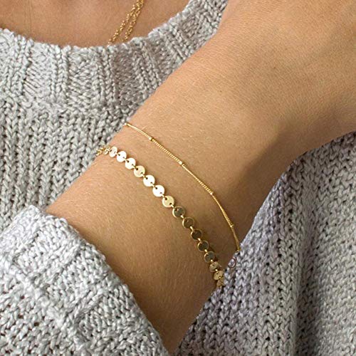Silver Bracelets for Women, Handmade Dainty Double Chain Bracelet Layering Beaded Chain with Disc Mothers Day Christmas Valentine's Day Gift for Her