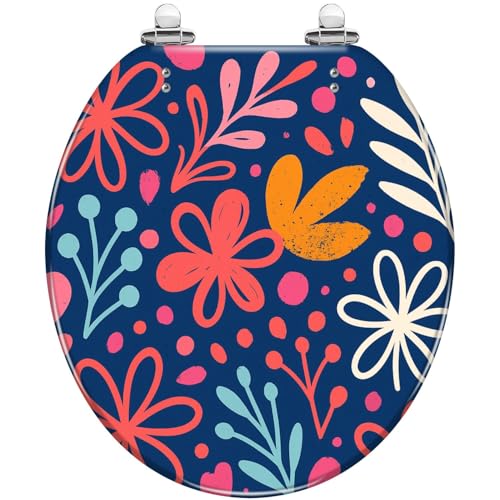 Round Toilet Seat Seamless cute print abstract flowers Cool texture for girls style Resin Toilet Seat Quietly Close Quick Release Hinges with Cover Bumpers Decorative Easy to Install Clean