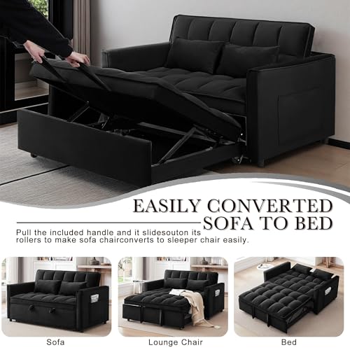 howcool 3 in 1 Convertible Sleeper Sofa Bed, Futon Couches for Living Room with Side Pocket | Adjustable Backrest | Velvet Fabric | Pull Out Couch | Loveseat | Sectional Sofa Bed, Black