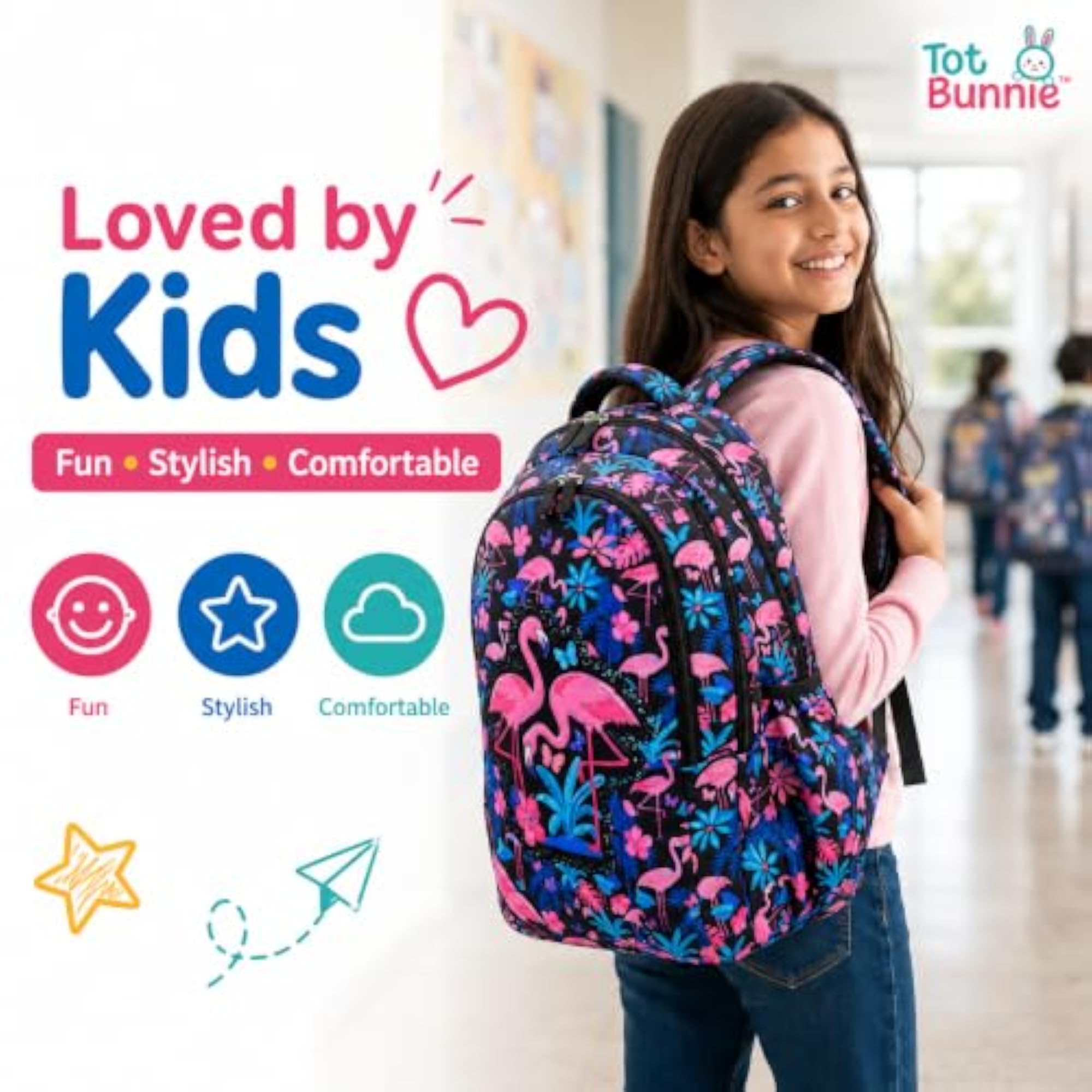 Flamingo Print Backpack for Girls, Black & Pink Tropical