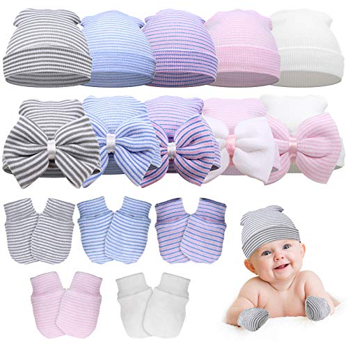 15 Pieces Newborn Baby Beanies Caps and No Scratch Mitten Gloves Set Soft and Cute Infant Baby Hat with Bow for 0-12 Month Baby, 5 Colors