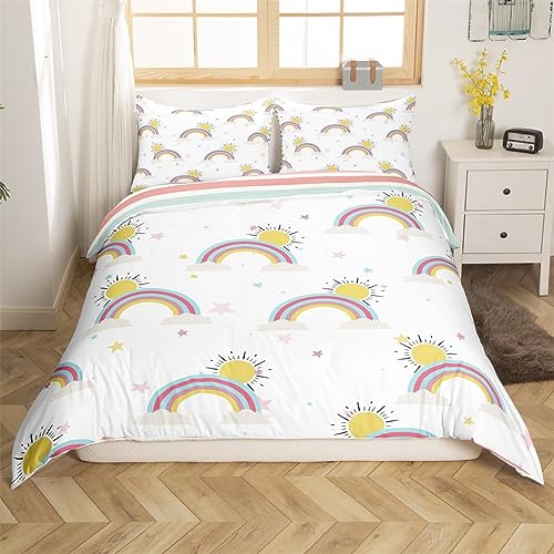Girls Kids Duvet Cover Set 135x200cm Rainbows Sunshine Bedding Set Decorative Reversible Microfiber Polyester Stripes White Bedding Single Size Comforter Cover with 1Pillow Shams 2 Pieces Zipper