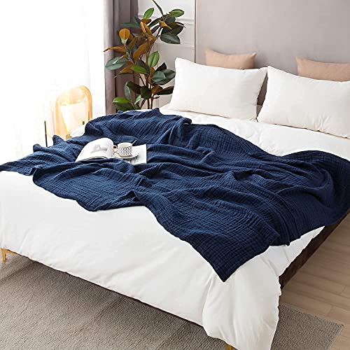 EMME Muslin Blanket 100% Cotton Twin Blankets for Couch Breathable Gauze Blanket All Season Soft and Lightweight Pre-Washed (Navy, 60"x80")