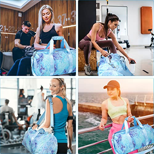 Girls Duffle Bag Weekender Duffel Sport Gym Bag with Shoe Compartment Wet Pocket for Women Girls Dance Bag (Blue Flower)
