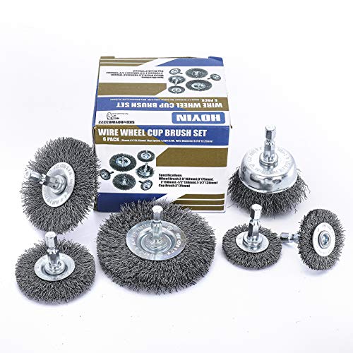 HOYIN 6Piece Drill Wire Wheel Cup Brush Set,0.010in Coarse Crimped,Thicken Face Width with1/4In Hex Shank