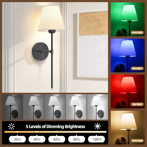 Image of Battery Operated Wall Sconce Set of 2, Black Rechargeable Wall Sconces Set of Two with Remote Control,Dimmable Wall Lamp with Detachable Bulbs,15 Colors Wall Light for Bedroom Living Room Hallway