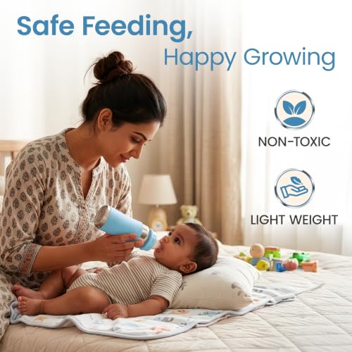 Image of LuvLap Baby Steel Feeding Bottle 240ml, Made of SS304 Rust Free Steel, Baby Milk /Water Bottle with Dust Cover, Heat Protective Silicone Cover, BPA Free, Odour Free, Leak Proof, Sky Blue, 0M+