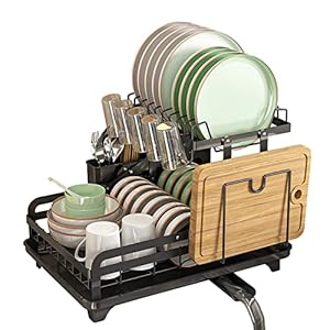 YunNasi Égouttoir à Vaisselle Pliable Egouttoir Vaisselle sur Evier 2 Niveaux Vaisselle Égouttoir en Métal avec Plateau Dish Rack avec Porte-ustensiles et Porte-Planche (Noir)