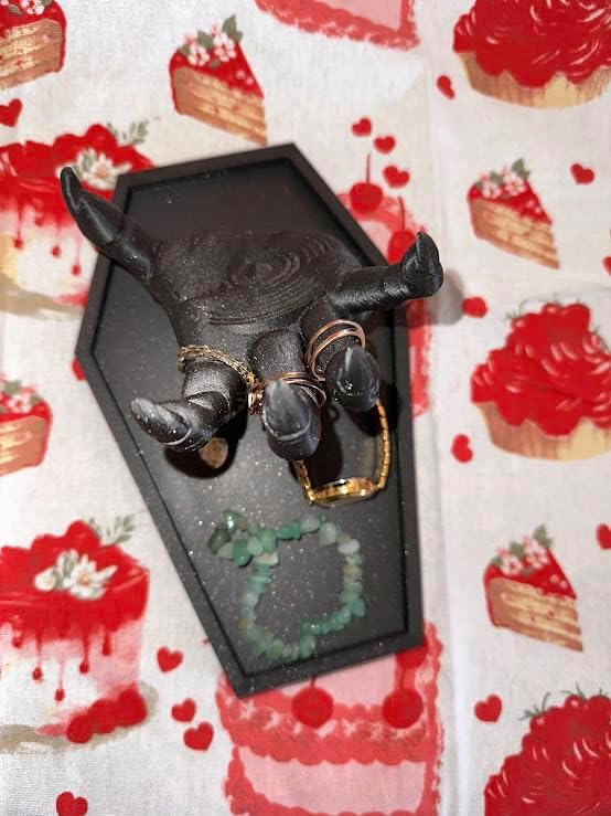 Gothic Monster Hand Jewelry Display Tray, Black Coffin Shape, 8.5 inch, for Rings, Necklaces, Watches (Black)