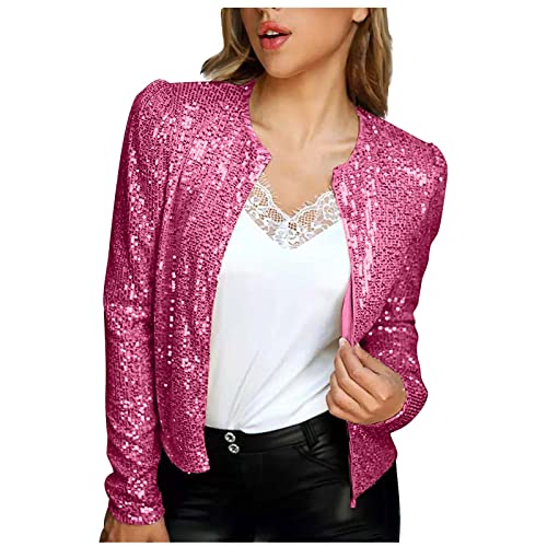 XUNRYAN Womens Sequin Sparkle Long Sleeve Zipper Bomber Jacket Glitter Shimmering Coat 80S 90S Disco Outfit Concert Clothes, A2#hot Pink, Medium