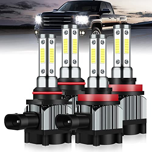 9005 H11 LED Headlight Bulbs Fit for 2007-2013 GMC Sierra 1500 2500HD 3500HD Conversion Kit Combo 12,000LM 6000K Cool White Wireless Headlight LED Bulbs Halogen Replacement Pack of 4
