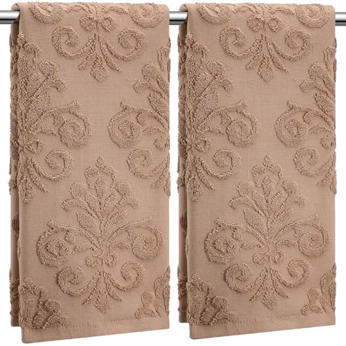 SmoothNovelty 2 Pcs Floral Jacquard Hand Towels for Bathroom Brown