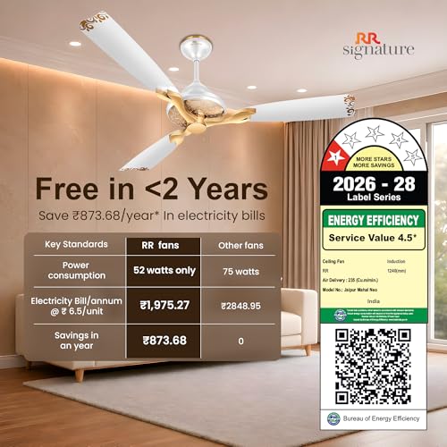 Image of RR Signature Jaipur Mahal NEO 1240 MM | Royal Design Ceiling Fan for Home and Office | High Speed 320 RPM | Agaria White, 3 Year Warranty & Free Installation