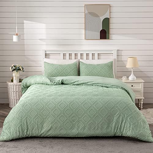 Lamourbear Jacquard & Tufted Geometric Green Duvet Cover Queen Size Bedding Set, Soft, All Seasons, with Double-end Sliders Zipper Closure, 8 Ties, 3 Pieces (2 Pillowcase, 1 Duvet Cover), Green