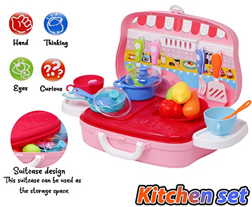 Image of Zest 4 Toyz Kitchen Set for Kids Girls Pretend Play Toys Portable Suitcase Cooking Set Role Play Toy 21 Pieces