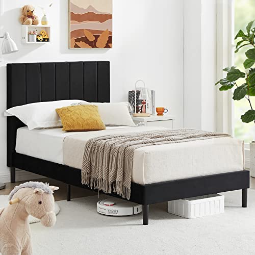 Flolinda Twin Bed Frame With Velvet Upholstered Headboard, Wooden Sprung Slat Support Extend Mattress Life, Modern Platform Bed Frame No Box Spring Needed, Easy Assembly, Black #TOP12