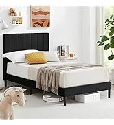 Flolinda Twin Bed Frame with Velvet Upholstered Headboard, Wooden Sprung Slat Support Extend Matt...