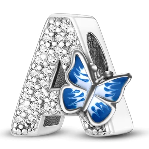 S925 A~Z Letras Charms Plata de Ley con Piedras de Circón 5A, Mariposa Alfabeto Perlas Ajuste Pandora Pulseras Europeas Opciones de Regalo, Plata esterlina
