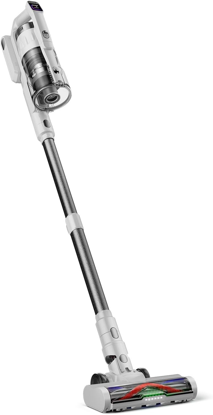 Cordless Vacuum Cleaner for Home, Upgraded 60Kpa Powerful Suction Pet Hair Vacuum with 70min Runtime, Green LED Light for Hardwood Floors & Carpet, Self-Standing Rechargeable Stick Vacuum, Grey White