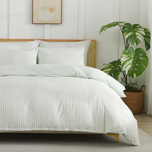 Gezu Juego de ropa de cama 135x200 cm, diseño a rayas, color verde y blanco, 3 piezas, moderno, reversible, transpirable, suave, microfibra, funda nórdica 135x200 cm