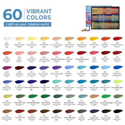 Paul Rubens Pastel, conjunto de 60 cores vibrantes, pastéis de óleo macio, textura cremosa, fácil de