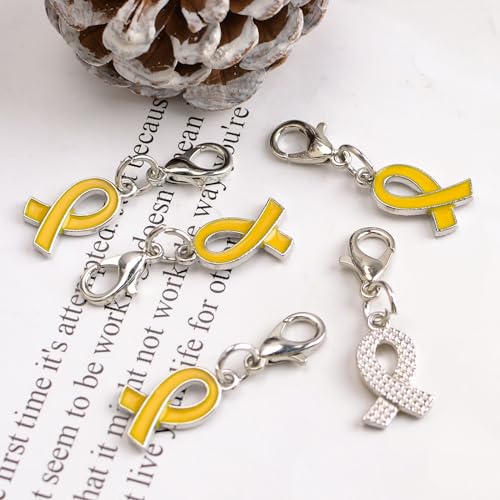 CRAFFANCY 100 Pcs Gold Ribbon Pendant with Clasps, Childhood Cancer Awareness Alloy Ribbon Charms for Jewelry Making - Image 4
