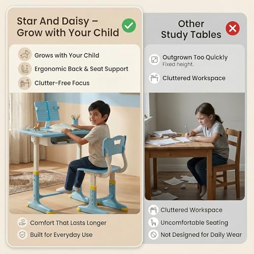 Image of StarAndDaisy Study Table for Kids 5-12 Years Boys & Girls, Height Adjustable Children School Study Table with, Bookholder Slot, Storage for Boys Girls 4-12 Years. Doodle Board (S01-Blue)