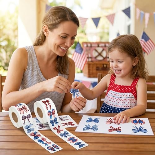 Image of Patriotic Bow Stickers Roll - 16 Unique Red White Blue Vinyl Self Adhesive Durable Waterproof Decals for Scrapbooking Laptop Water Bottle Independence Day 4th of July Party Craft Supplies