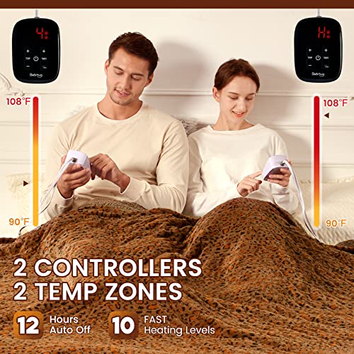 Bearhug Electric Blanket Queen Size, 84" x 90" Heated Blanket Dual Controllers, Faux Fur & Sherpa, 10 Heating Levels & 1-12H Auto Off, Over-Heat Protect, ETL, Machine Washable