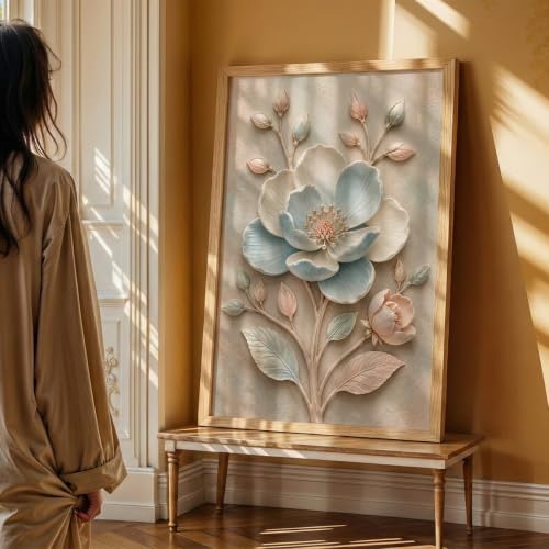 Image of NoWorries Floral Botanical Wall Painting with Frame | Premium Textured Flower & Leaf Artwork, Pastel Nature Wall Decor Framed for Living Room Bedroom Office and Home Decoration (Art-3,17x25inch)