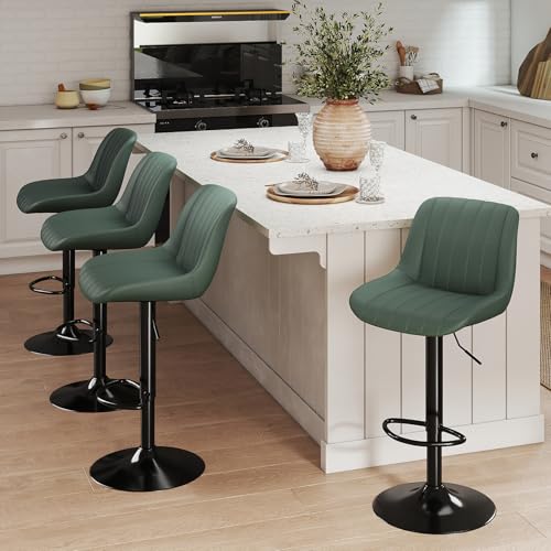 Image of Youhauchair Adjustable Faux Leather Bar Stools Set of 2, Green | Swivel, Counter Height, Back & Footrest, Armless, PU, Modern, Kitchen Island Stool, Upholstered Dining Room Chair