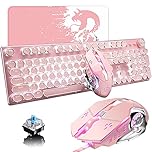 USB Wired Mechanical Gaming Keyboard Blue Switch Retro Steampunk Vintage Typewriter-Style White LED Backlit 104-Key Anti-Ghosting + 2400DPI 6 Buttons Game Mouse Compatible with PC Office Play Games