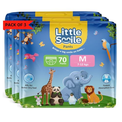 Image of Baby Diapers Pant Style | Size - M - 70 (Pack of 3) | Odorless and Antibacterial Layer with Urine Indicator (210 Pieces)
