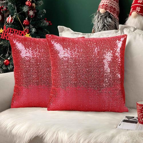 DUOBAO Sequin Pillow Cover, Red, 20x20 Inch