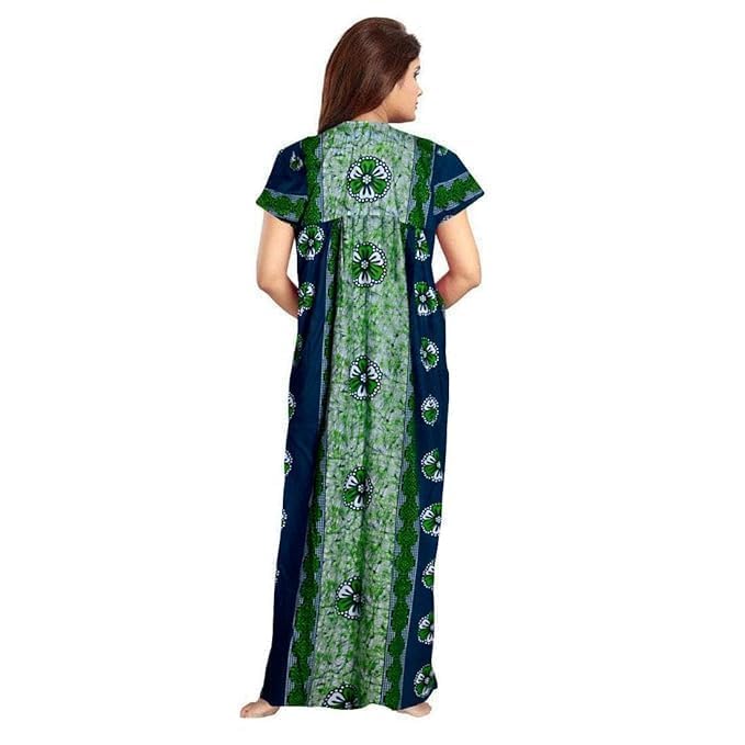 Image of NILOUFO Women's Cotton Printed Maxi Nighty - Pack of 2 | Soft Ankle-Length Sleepwear Gowns for Women | Free Size Night Dresses (Blue,Green, Free Size)