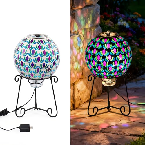 SAVENNA Mosaic Glass Fountain, Floor-Standing Lighted Water Feature with Quiet Pump, Indoor/Outdoor Decorative Accent Lighting for Garden & Patio, Warm-Tone Mosaic Sphere