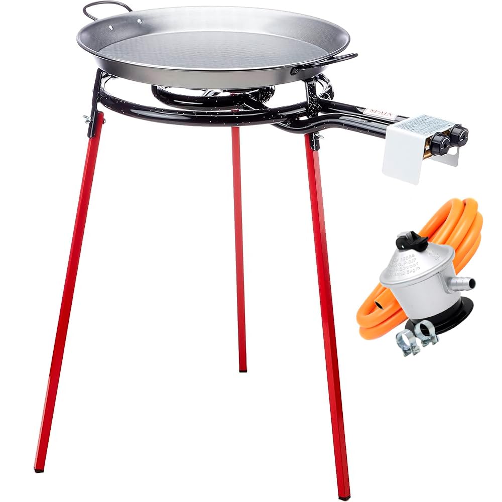 Genérico Set Paella completo. Paellero 40 cms + Paellera acero 46 cms + Soporte patas + kit toma de Gas. Piña+manguera+bridas. Solo faltan los ingredientes!!