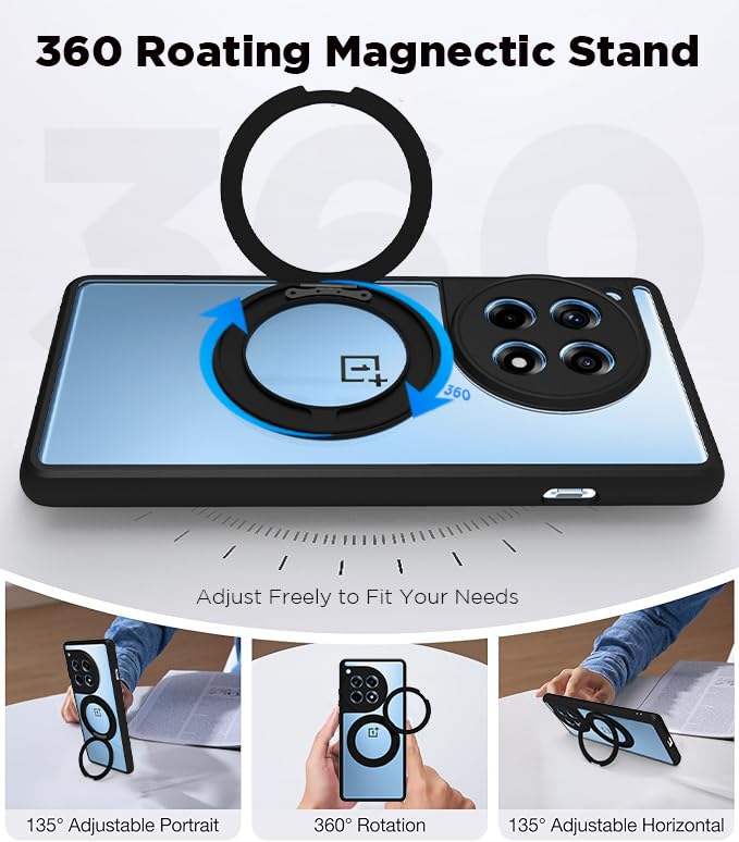 Image of RIGGEAR Shockproof Sleek Hybrid Armor 360 Rotating Magnetic Ring Stand Back Cover Case Compatible with MagSafe Accessories for OnePlus 12R (Clear PC + Black TPU Bumper)
