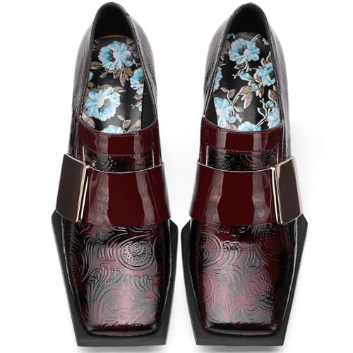 Image of Loafers for Women Patent Leather Buckle Square Toe Chunky Block Dress Slip On Wide Casual Comfortable Dressy High Heels Ladies Comfort Moccasins Elegantes 2 Inch Shoes