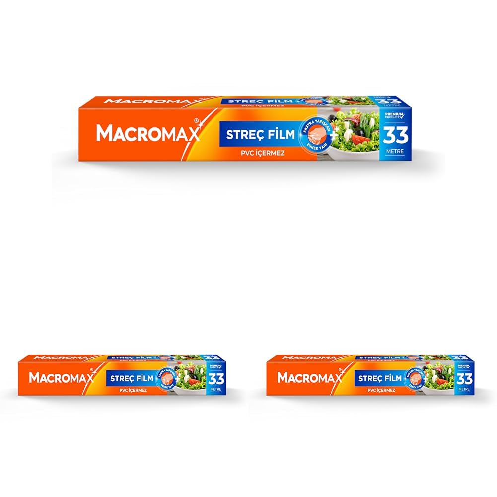 Macromax Streç Film 33 Metre, PVC İçermez, Standart Boy Gıdaları Taze Tutan Streç Film 3lü paket