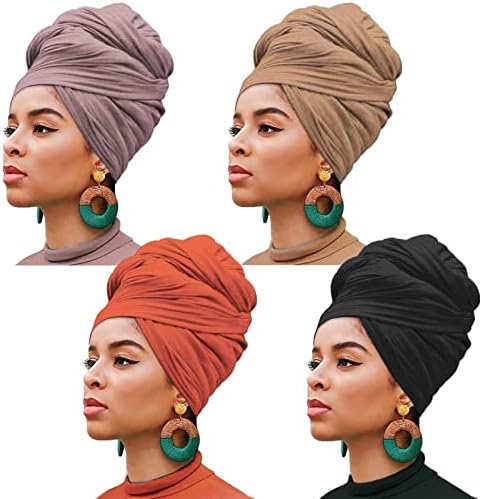 XTREND 4 Pieces Stretch Jersey Head Wraps Turban African Fashion Headband Long Hair Scarf Solid Color Head Wrap Ultra Breathable Soft Turban Tie for Women (Black, Camel, Leather Powder, Orange)
