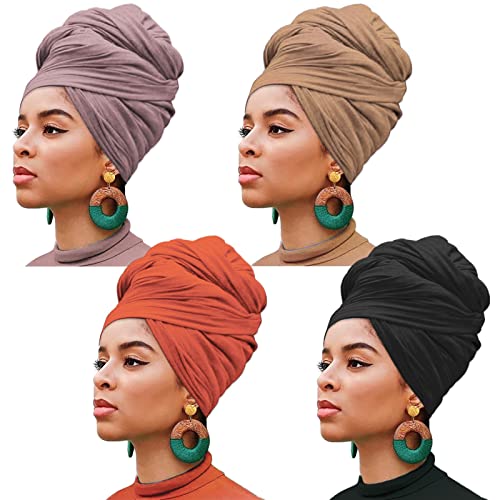 Xtrend 4 Pieces Stretch Jersey Head Wraps Turban African Fashion Headband Long Hair Scarf Solid Color Head Wrap Ultra Breathable Soft Turban Tie For Women (Black, Camel, Leather Powder, Orange) #TOP2