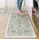 KIMODE Anti Fatigue Mats for Kitchen Floor Non Slip,Boho Vintage Floral Rugs Sets of 2,Cushioned Carpet Non Slip for Laundry,Wide Memory Foam Runner for Sink Office,Green 20'x47'+20'x32'
