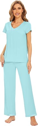 WiWi Bamboo Viscose Pajamas for Women Super Soft Short Sleeve Pajama Set with Pants Cooling Pjs Lightweight Loungewear S-XXL