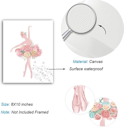 Miniatura 6 de XUN Impresión artística de ballet rosa acuarela, bailarina de flores con zapatos bailarines, lienzo para pared (8 x 10 x 3 piezas, sin marco),