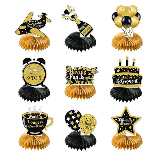 9 Stück Tischdeko Rentner Deko, Schwarz Gold Papier Bienenwabe Mittelstück, Wabenförmige Tischaufsätze Deko Ruhestand Geschenk für Männer, Frauen, Rentner, Renteneintritt, Geburtstagsfeiern, Party