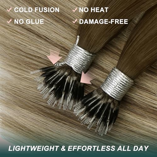 Image of Easyouth Nano Extensions Human Hair, 20 Inch 50G 50S, Ombre Dark Brown to Blonde with Brown, Nano Beads Balayage, Add Length and Volume for Daily, Longer Instantly