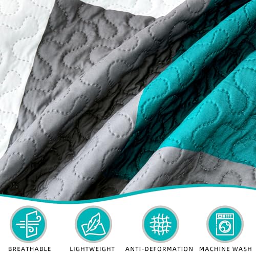 Image of Tyrot 3 Piece Teal /Turquoise Quilt King Size Black White Gray Bedding Set | Lightweight Bedspread, Geometric Coverlet with 2 Sham, Modern Abstract Soft Microfiber, Bed Cover for All Season, 106''x96''