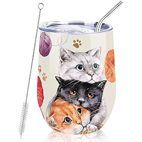NymphFable 12oz Cat Cup Travel Mug Insulated Wine Tumbler with Straw and Lid Coffee Mug Gifts for Women Double Wall Cover