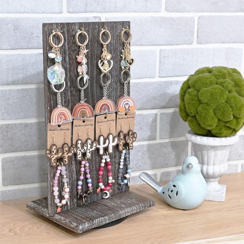 Ikee Design Wooden Rotating Two-Sided Jewelry Display Stand, Rotating Organizer with 32 Hooks for Store, Keychain Earring Display with Hooks, Coffee color, 9 W x 7.5 D x 16.5 H in by Ikee Design - Image 6